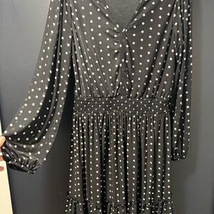 Madison + Hudson Black Polka Dot Mesh Dress Size M Smocked Waist Ruffle Hem